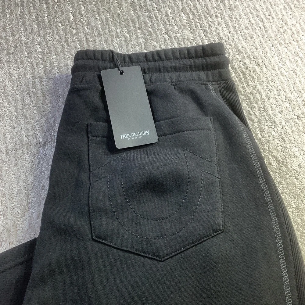True Religion Mens Jet Black Rib Stitch Dept Baggy Sweats Logo Pants Size S NWT